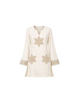 This elegant top is tailored in rich silk fabric, blending timeless allure with a modern edge. The front is adorned with intricately embroidered floral motifs, delicately rendered in golden zari and enhanced with fine hand-embellished kadhana work for depth and dimension. The embroidery extends gracefully along the sleeves, creating a seamless flow of artistry and balance. A perfect expression of classic charm reimagined through contemporary elegance, this piece is designed for effortless sophistication.