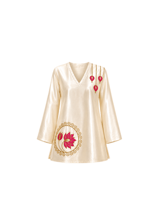 The Nirvana Lotus top beautifully redefines elegance with its dreamy pastel hues and intricate golden detailing. Handcrafted lotus motifs adorn the design, adding a touch of artistry and sophistication that makes it a true standout piece. Blending luxurious craftsmanship with effortless charm, this statement piece embodies timeless grace and contemporary style, making it perfect for festive gatherings and special occasions.