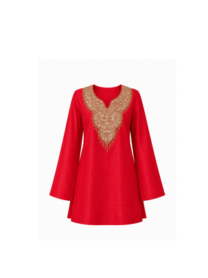 Step into effortless elegance with these luxurious co-ord sets, available in radiant marigold yellow and deep crimson red. The co -ord set features a meticulously embellished neckline, combining the precision of zari machine embroidery with the charm of delicate handwork detailing, creating a rich and intricate design that exudes traditional artistry. The flared sleeves and straight-cut silhouette add a graceful, contemporary touch, while the coordinated pants offer a clean, polished finish.