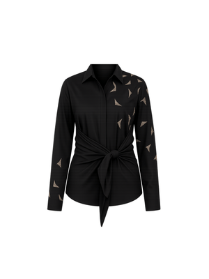 “Trigon” designer shirt features striking triangle handwork with a stylish front knot detail that enhances the silhouette beautifully. Crafted for both style and comfort, the design flatters all body types while offering an effortless and contemporary look throughout wear.