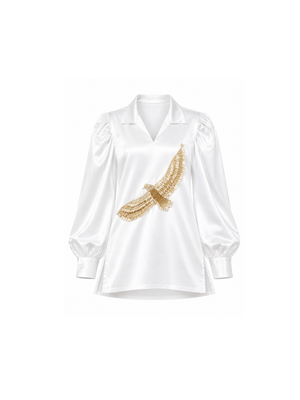 "Wingspan," a reflection of impeccable quality and timeless elegance. This co-ord set is crafted from the finest materials, ensuring a luxurious feel and comfort throughout wear. The highlight of this collection is the striking eagle patchwork, meticulously adorned with golden detailing, creating a regal and classy appeal.