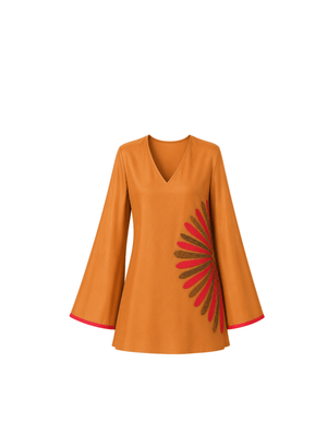 Elevate your festive wardrobe with this vibrant top that blends traditional elegance with modern flair. Crafted from a luxurious, light-reflective fabric, it features a relaxed V-neck silhouette that offers effortless comfort and sophistication. The standout detail is the bold embroidery across the design and hemline, adding a touch of contemporary artistry to its refined aesthetic. Bell sleeves and subtle edge detailing lend a polished yet playful charm, making it perfect for daytime celebrations.