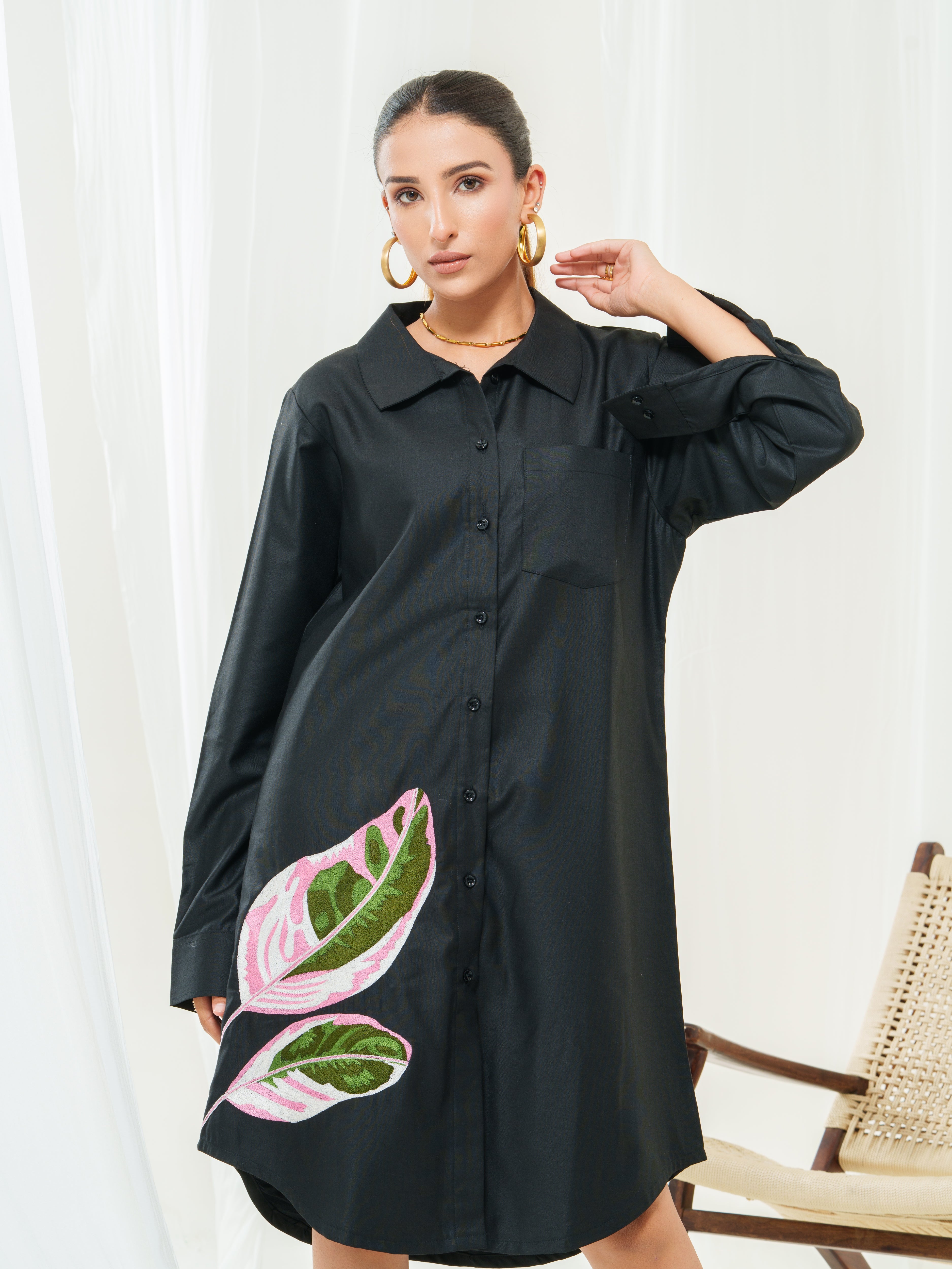Calathea leaves embroidery shirt dress