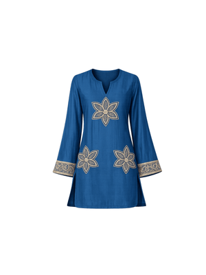 This elegant top is tailored in rich silk fabric, blending timeless allure with a modern edge. The front is adorned with intricately embroidered floral motifs, delicately rendered in golden zari and enhanced with fine hand-embellished kadhana work for depth and dimension. The embroidery extends gracefully along the sleeves, creating a seamless flow of artistry and balance. A perfect expression of classic charm reimagined through contemporary elegance, this piece is designed for effortless sophistication.