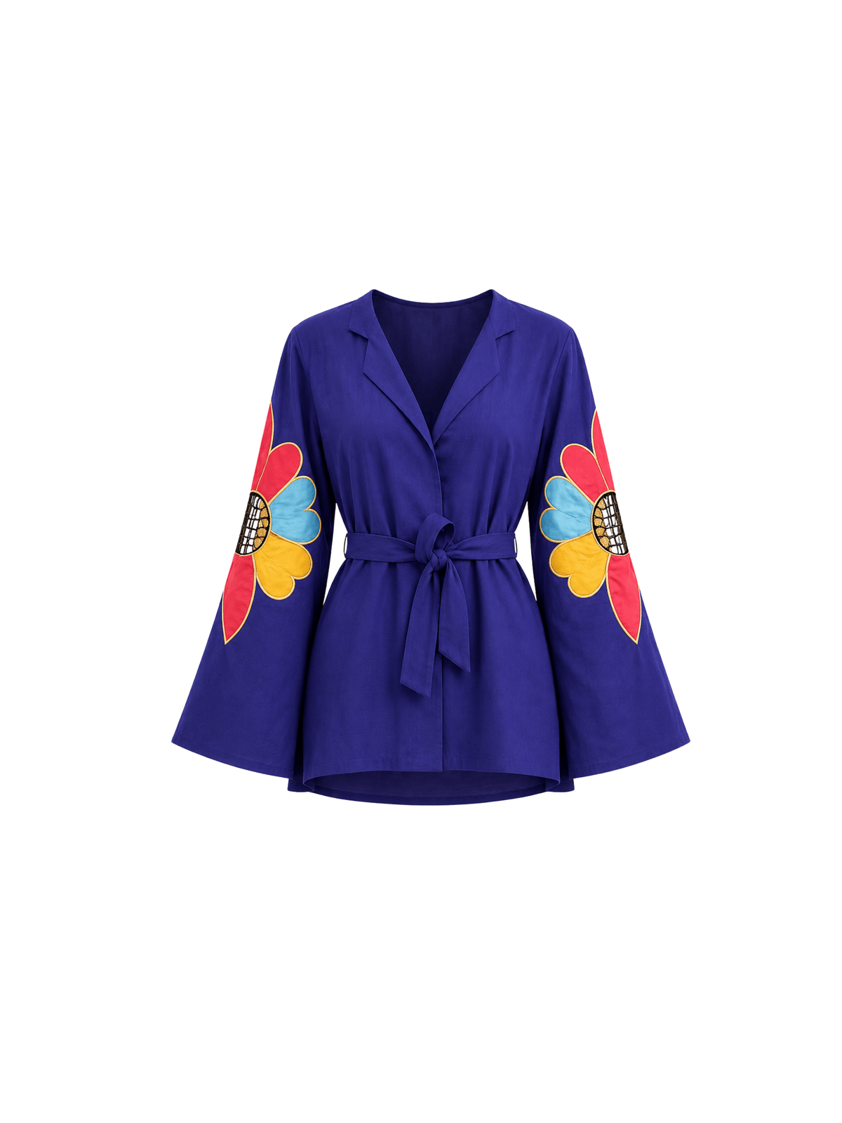 Part of the Heavenly Hues collection, this statement top is a masterpiece adorned with meticulously crafted fabric appliqué flowers, delicately framed by intricate zardosi borders. The floral motifs are elevated with exquisite cutwork detailing that adds depth, texture, and sophistication. Designed with a contemporary notch lapel and elegant bell sleeves, the silhouette blends timeless craftsmanship with modern refinement. A celebration of floral artistry and graceful design.