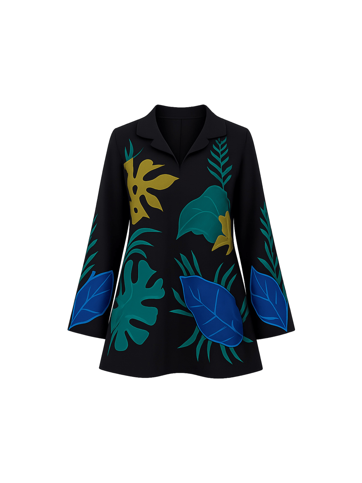 Crafted for effortless elegance, this stylish black kurta features a flattering V-neckline and bold hand-appliquéd botanical motifs in vibrant shades of green, blue, and yellow. With its relaxed silhouette and full sleeves, it offers the perfect blend of comfort, artistry, and contemporary style.