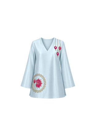 The Nirvana Lotus top beautifully redefines elegance with its dreamy pastel hues and intricate golden detailing. Handcrafted lotus motifs adorn the design, adding a touch of artistry and sophistication that makes it a true standout piece. Blending luxurious craftsmanship with effortless charm, this statement piece embodies timeless grace and contemporary style, making it perfect for festive gatherings and special occasions.