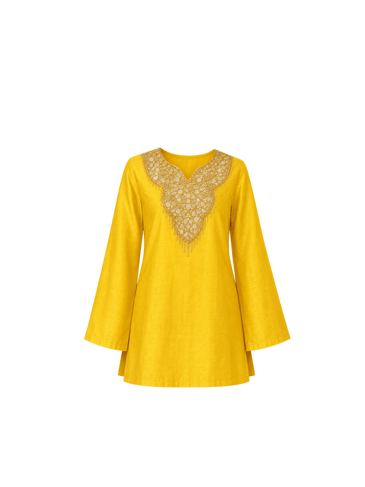 Step into effortless elegance with this luxurious top, available in radiant marigold yellow and deep crimson red. Crafted to make a refined statement, it features a meticulously embellished neckline that combines the precision of zari machine embroidery with the charm of delicate handwork detailing. The intricate craftsmanship exudes traditional artistry while maintaining a contemporary appeal. Flared sleeves and a graceful silhouette add fluidity and sophistication, making this piece a perfect choice