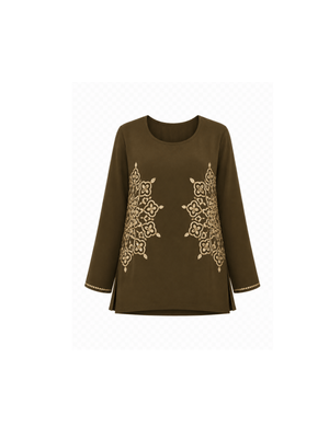 This refined top is tailored in luxurious crepe fabric, adorned with intricate embroidery and hand embellishments. Accented with golden zari and delicate kadhana work, the design embodies timeless artistry with a contemporary edge. The detailing extends gracefully across the sleeves, creating an elegant statement from every angle. An ode to effortless charm, this piece is crafted for the modern muse who embraces tradition with a touch of contemporary sophistication.