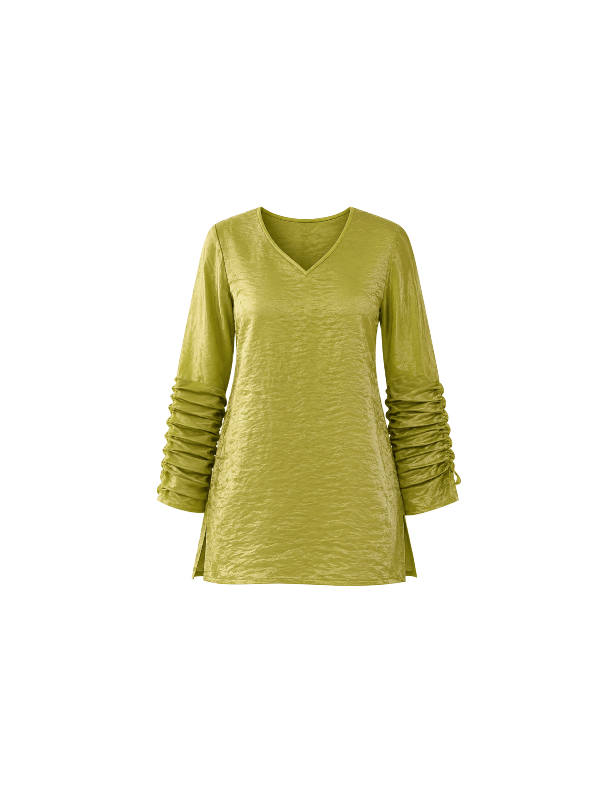 This elegant top is crafted from soft crush organza fabric in a beautiful pistachio green shade. Lightweight and delicately textured, the fabric offers a subtle sheer finish that adds a touch of luxury and modern sophistication. The design features a relaxed, flowy silhouette that blends comfort with effortless grace. Dramatic pleated detailing on the sleeves creates beautiful movement and dimension, lending the piece a structured yet fluid appeal. Finished with a minimal V-shaped neckline.