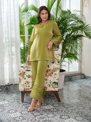 This elegant top is crafted from soft crush organza fabric in a beautiful pistachio green shade. Lightweight and delicately textured, the fabric offers a subtle sheer finish that adds a touch of luxury and modern sophistication. The design features a relaxed, flowy silhouette that blends comfort with effortless grace. Dramatic pleated detailing on the sleeves creates beautiful movement and dimension, lending the piece a structured yet fluid appeal. Finished with a minimal V-shaped neckline.