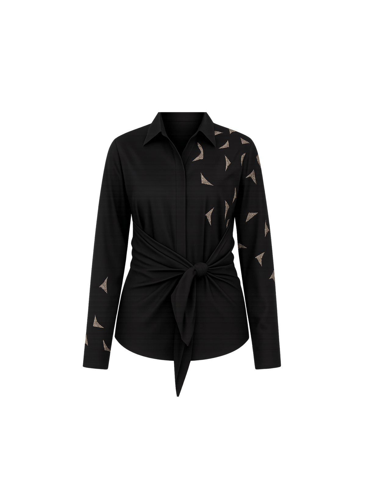 “Trigon” designer shirt features striking triangle handwork with a stylish front knot detail that enhances the silhouette beautifully. Crafted for both style and comfort, the design flatters all body types while offering an effortless and contemporary look throughout wear.