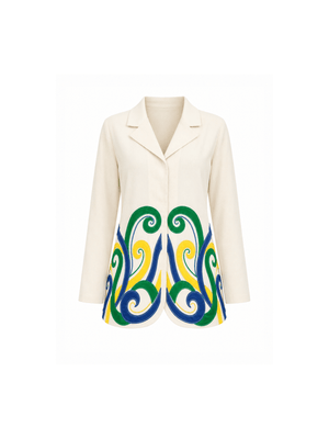 Crafted in cotton handloom fabric, this shirt features intricate appliqué work in vibrant pink, blue, and orange swirls, enhanced with delicate hand embroidery and silver cut and pearl detailing. Designed with a tailored silhouette, it blends artisanal craftsmanship with effortless sophistication.