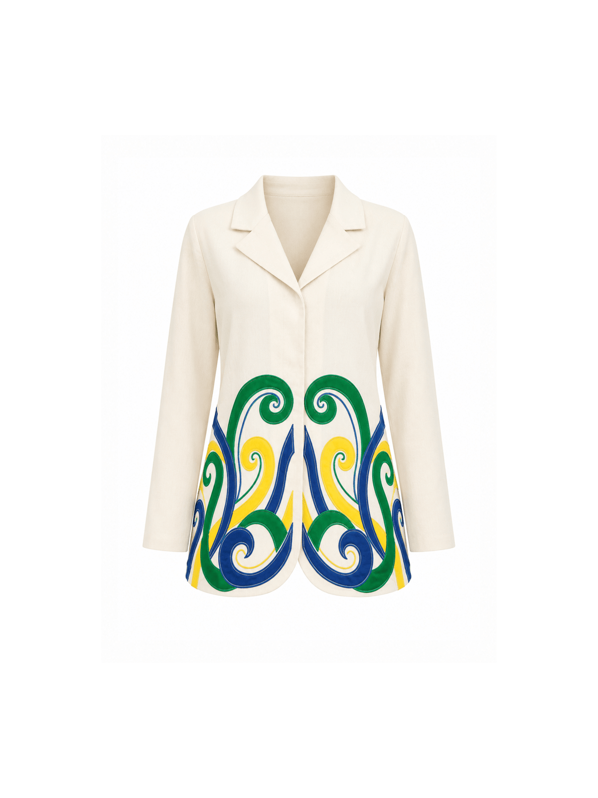 Crafted in cotton handloom fabric, this shirt features intricate appliqué work in vibrant pink, blue, and orange swirls, enhanced with delicate hand embroidery and silver cut and pearl detailing. Designed with a tailored silhouette, it blends artisanal craftsmanship with effortless sophistication.