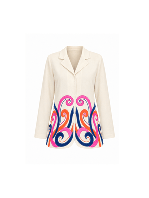 Crafted in cotton handloom fabric, this shirt features intricate appliqué work in vibrant pink, blue, and orange swirls, enhanced with delicate hand embroidery and silver cutdana pearl detailing. Designed with a tailored silhouette, it blends artisanal craftsmanship with effortless sophistication.