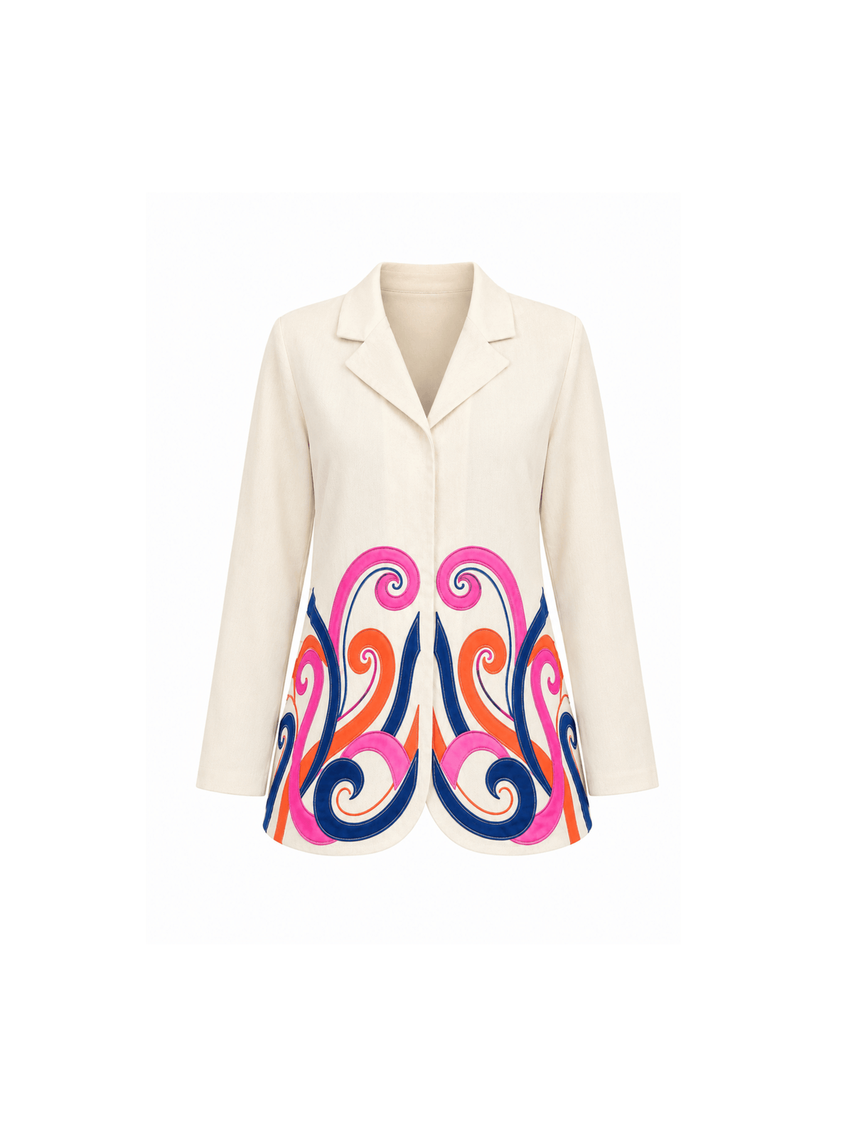 Crafted in cotton handloom fabric, this shirt features intricate appliqué work in vibrant pink, blue, and orange swirls, enhanced with delicate hand embroidery and silver cutdana pearl detailing. Designed with a tailored silhouette, it blends artisanal craftsmanship with effortless sophistication.