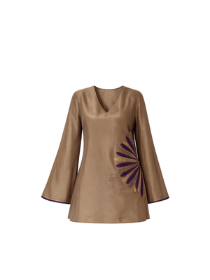 Elevate your festive wardrobe with this vibrant top that blends traditional elegance with modern flair. Crafted from a luxurious, light-reflective fabric, it features a relaxed V-neck silhouette that offers effortless comfort and sophistication. The standout detail is the bold embroidery across the design and hemline, adding a touch of contemporary artistry to its refined aesthetic. Bell sleeves and subtle edge detailing lend a polished yet playful charm, making it perfect for daytime celebrations, intimate