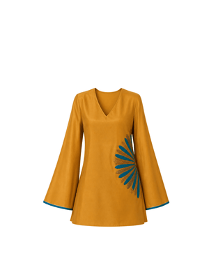 Elevate your festive wardrobe with this vibrant top that blends traditional elegance with modern flair. Crafted from a luxurious, light-reflective fabric, it features a relaxed V-neck silhouette that offers effortless comfort and sophistication. The standout detail is the bold embroidery across the design and hemline, adding a touch of contemporary artistry to its refined aesthetic. Bell sleeves and subtle edge detailing lend a polished yet playful charm, making it perfect for daytime celebrations.