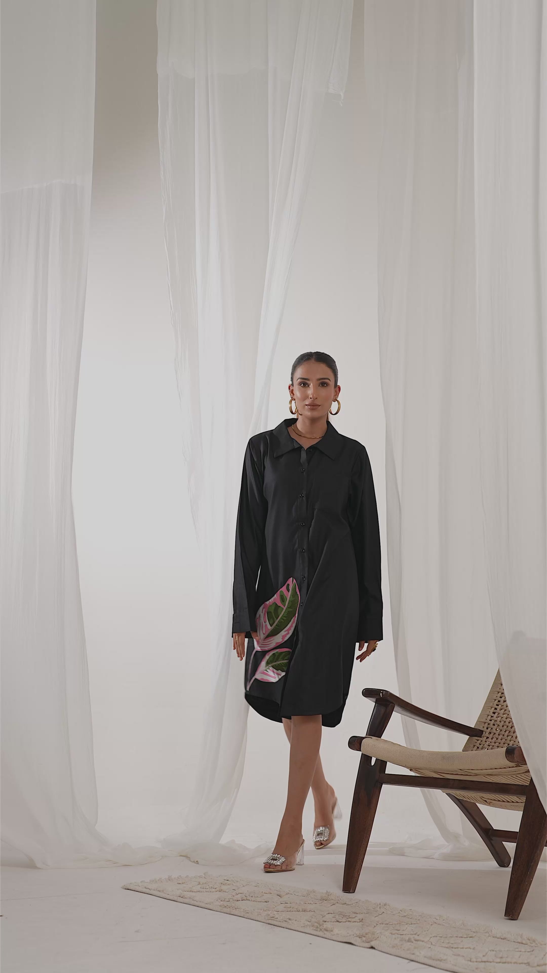 Calathea leaves embroidery shirt dress